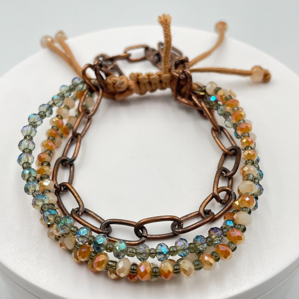 Vintage Layered Beaded Stack Bracelet Copper Tone Chain Macrame Pull Cord Earthy